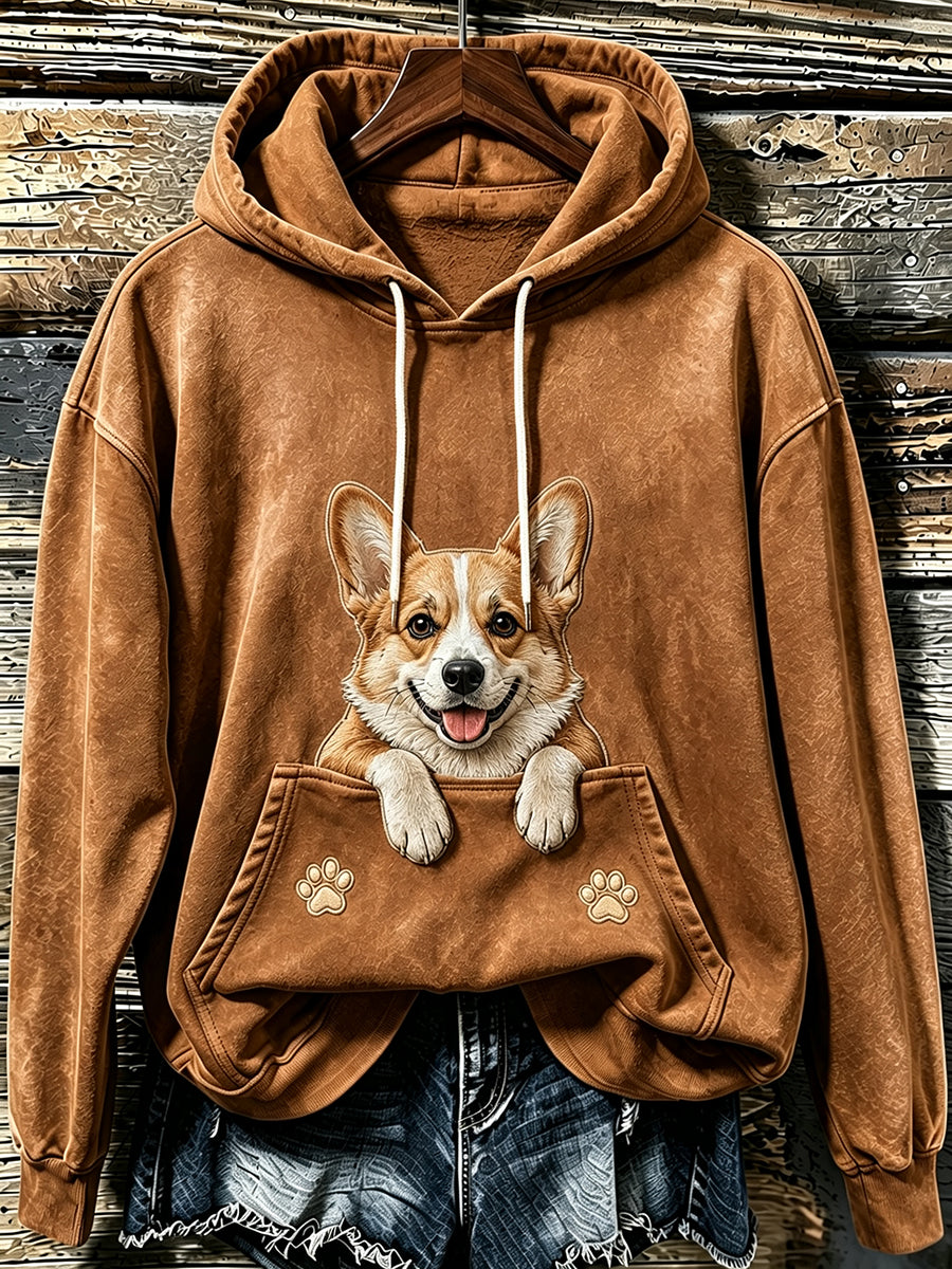 Damen-Sweatshirt mit süßem Corgi und Pfoten-Print, kapuziert
