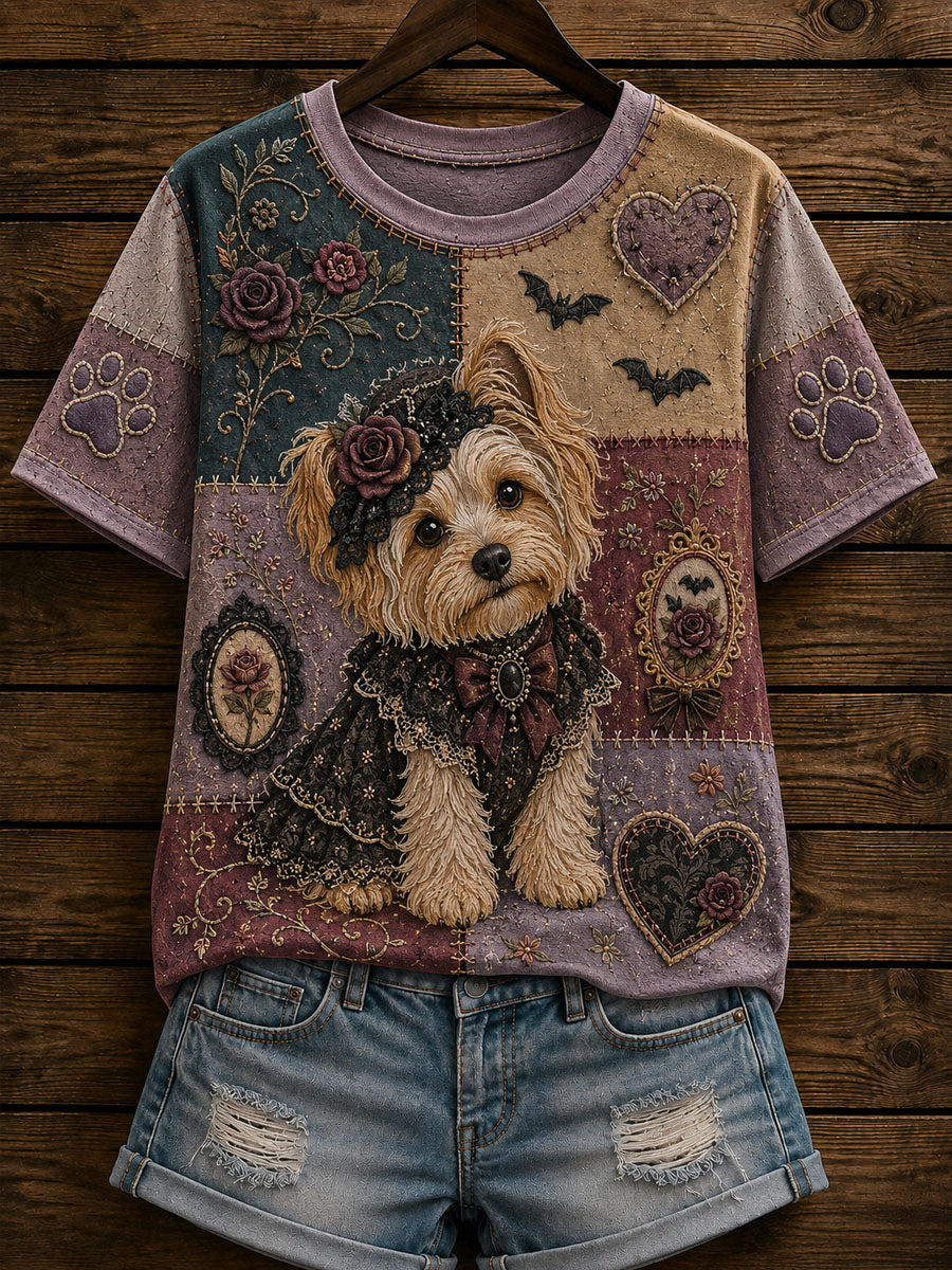 Frauen Gothic Patchwork Hund Print Casual T-Shirt