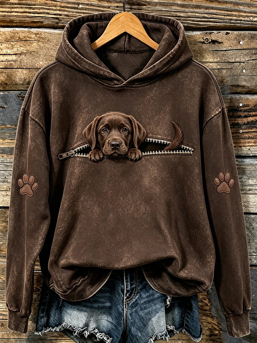 Damen-Kapuzenpullover mit niedlichem, hervorlugendem Labrador-Retriever-Motiv in Schokoladenfarbe und Pfotenabdrücken