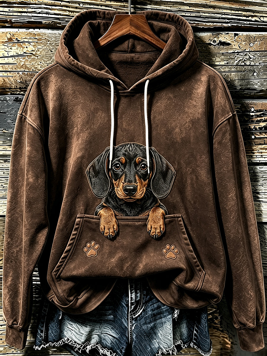 Damen-Sweatshirt mit süßem Dackel und Pfoten-Print sowie Kapuze