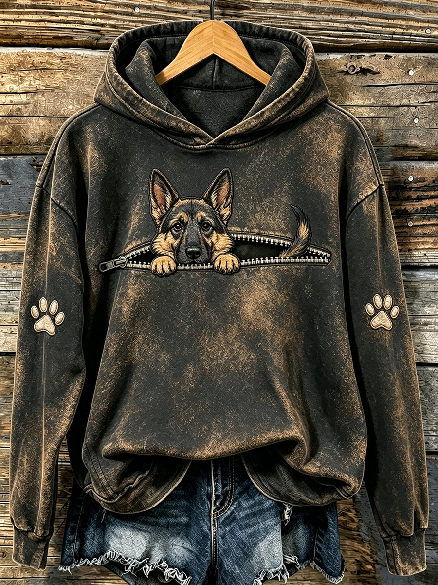 Damen-Kapuzenpullover mit niedlichem Aufdruck von einem neugierigen Deutschen Schäferhund und Pfoten