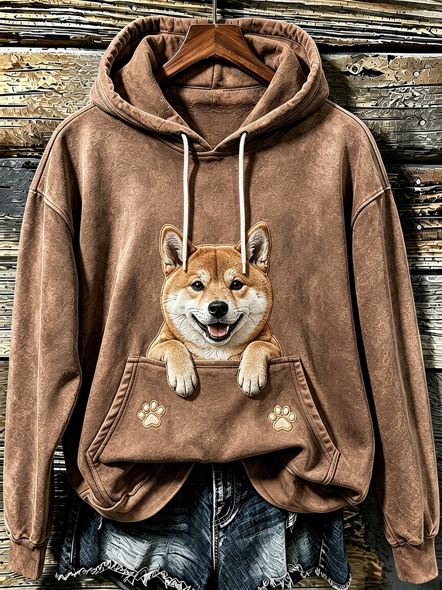 Damen-Sweatshirt mit süßem Shiba-Inu und Pfoten-Print, Kapuze