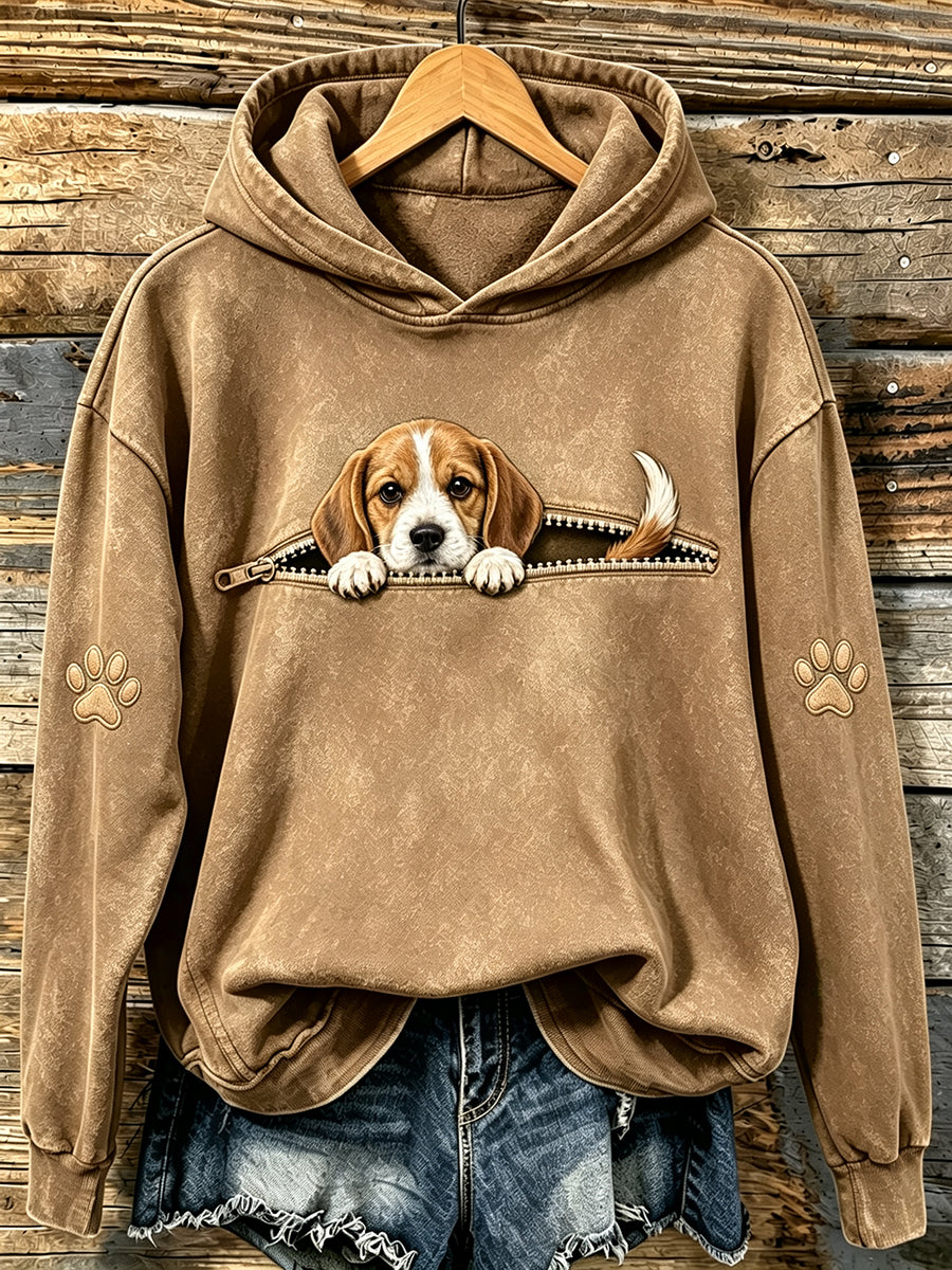 Damen-Sweatshirt mit süßem Beagle und Pfoten im Peek-a-Boo-Stil und Kapuze