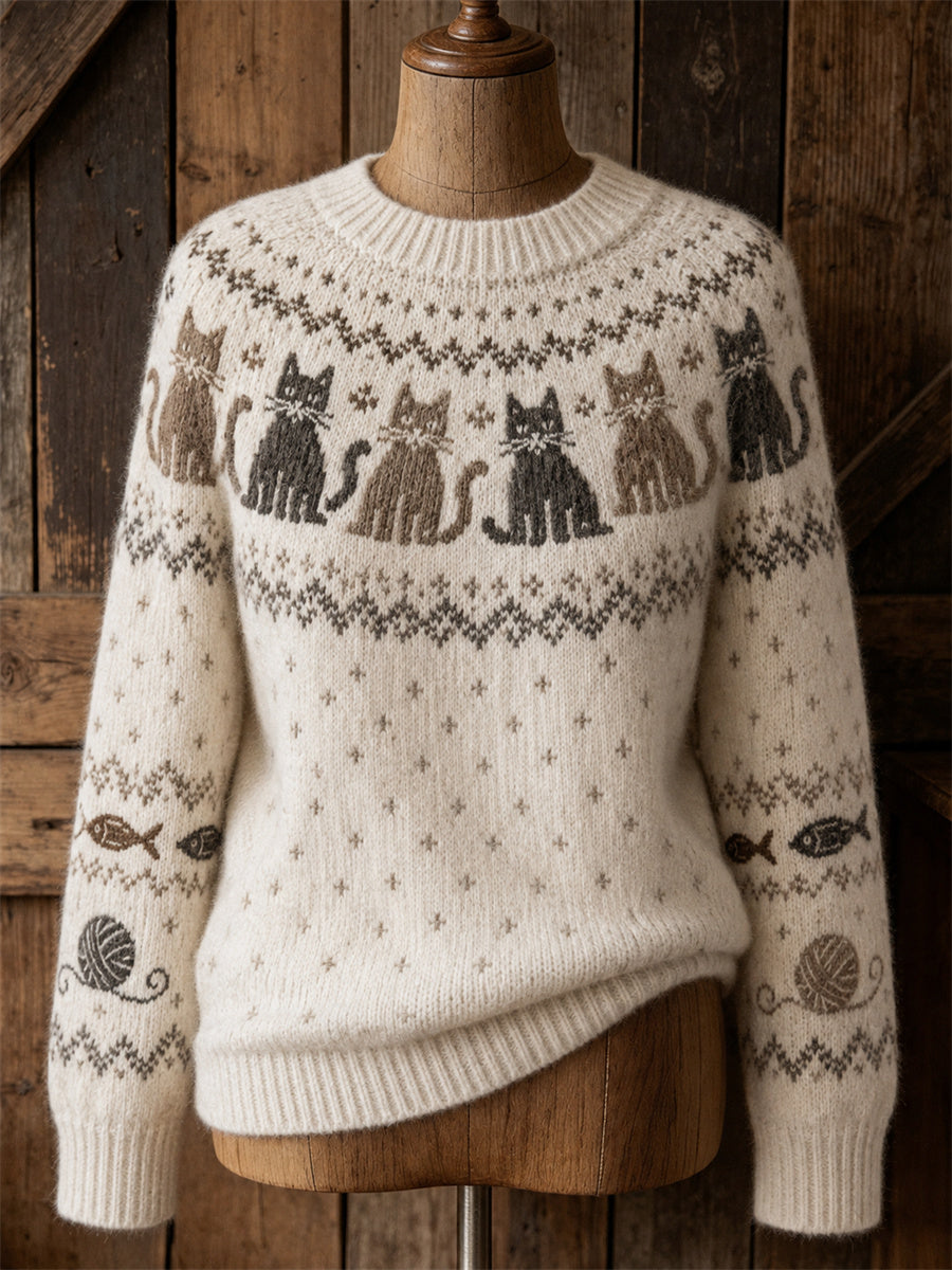 Damen Vintage Katzen Joch Isle Muster Print Gemütlicher Pullover mit Rundhals ausschnitt