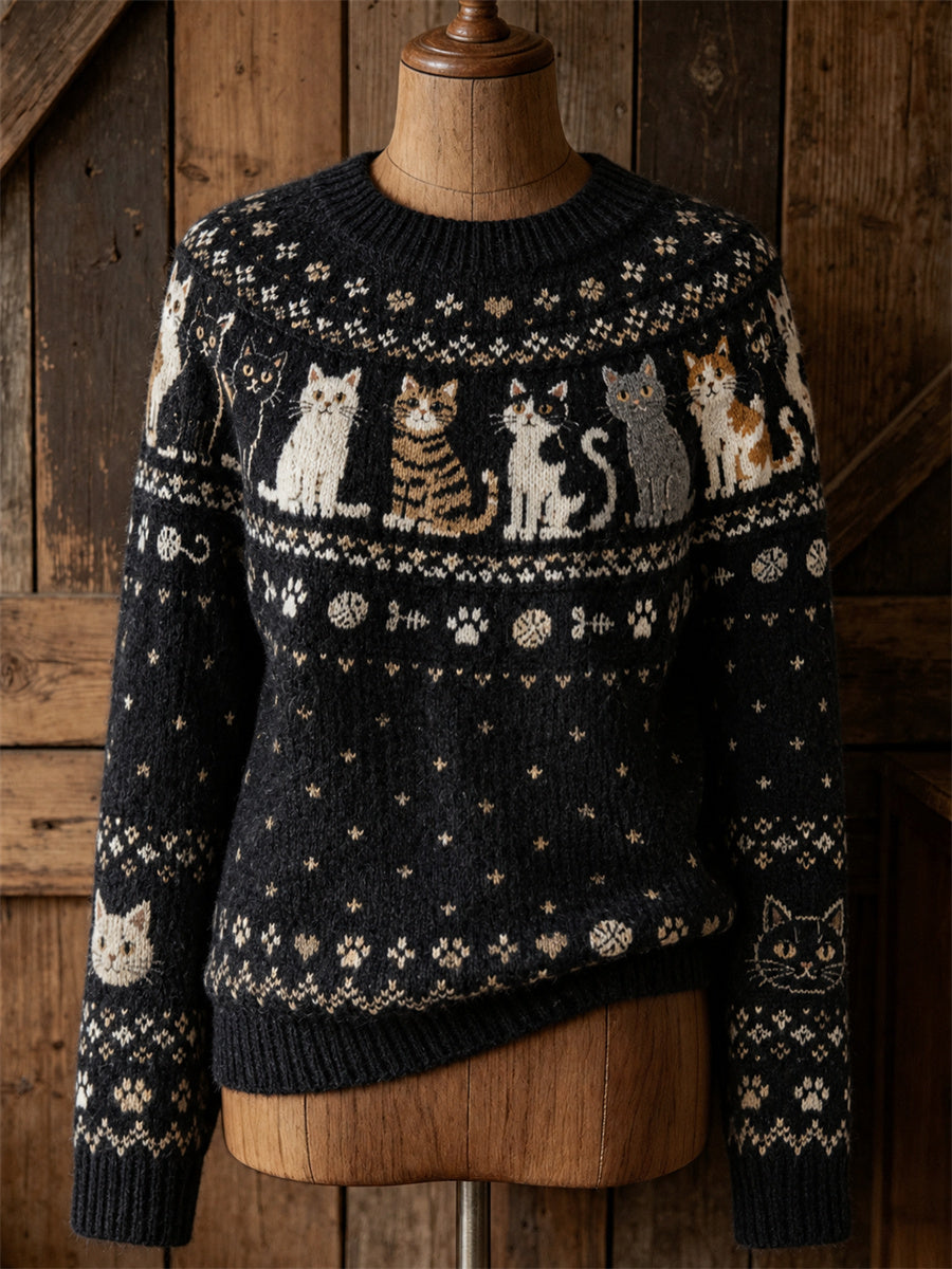 Damen-Vintage-Strickpullover mit Katzen‑Motiv und Isle‑Muster, kuschelig, Rundhalsausschnitt