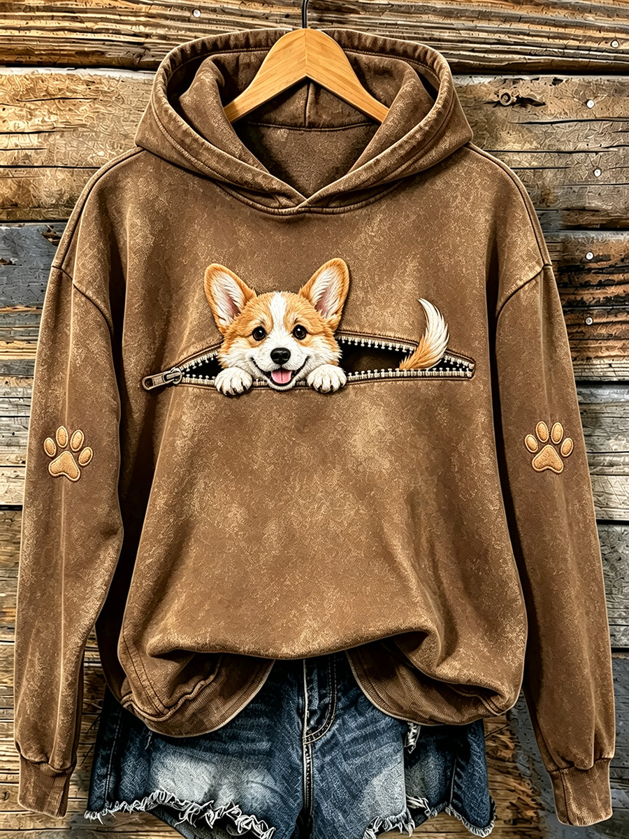 Damen-Sweatshirt mit süßem Corgi und Pfoten-Print sowie Kapuze