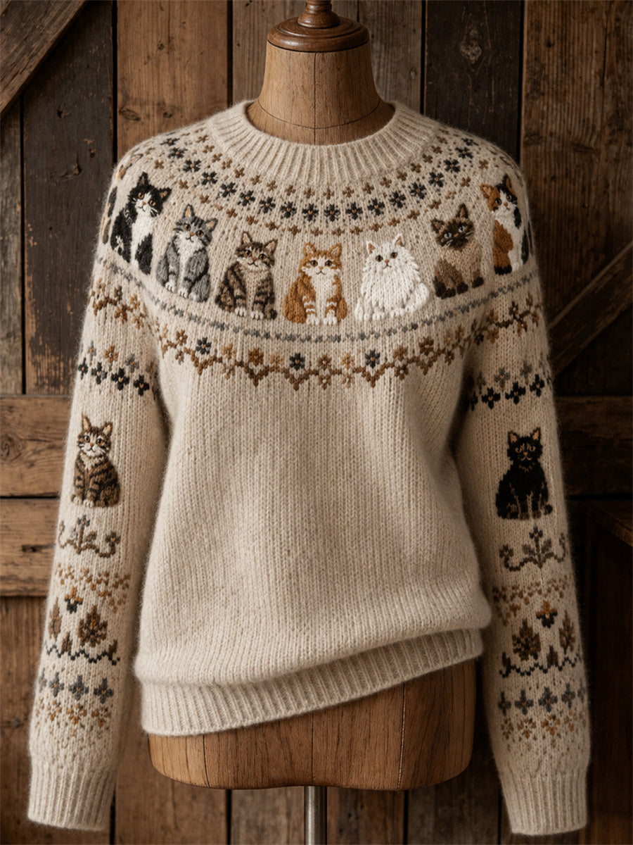 Damen-Vintage-Strickpullover mit Katzen‑Motiv und Isle‑Muster, kuschelig, Rundhalsausschnitt
