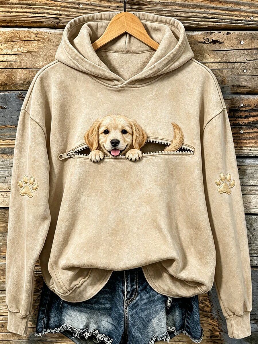 Damen-Sweatshirt mit süßem, hervorlugendem Golden-Retriever- und Pfoten-Print sowie Kapuze