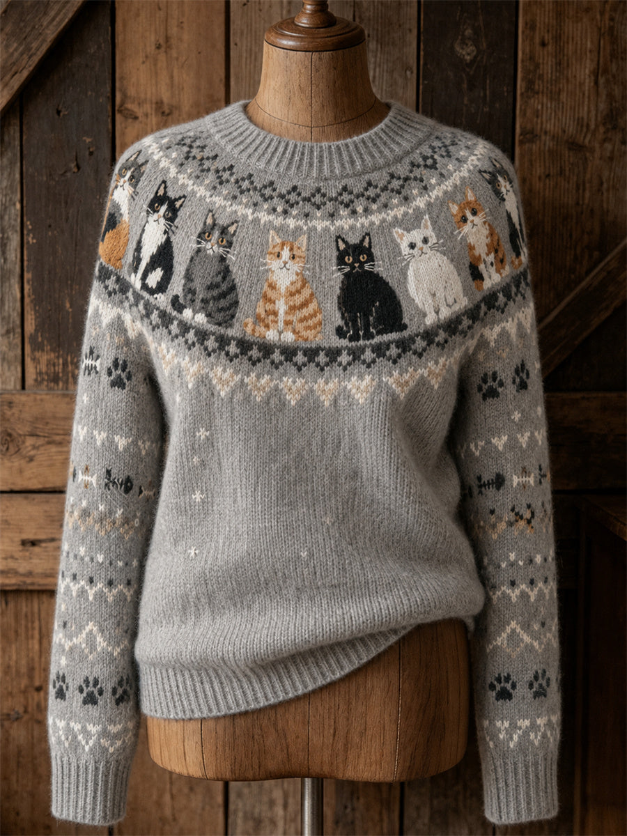 Damen-Vintage-Strickpullover mit Katzen‑Motiv und Isle‑Muster, kuschelig, Rundhalsausschnitt