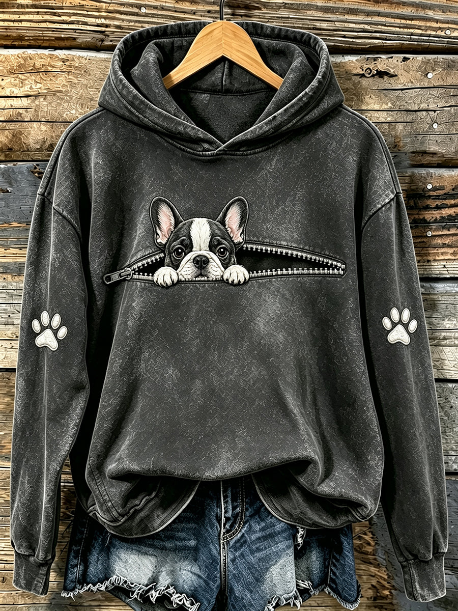 Damen-Sweatshirt mit süßem, hervorlugendem Französischen Bulldoggen- und Pfoten-Print und Kapuze