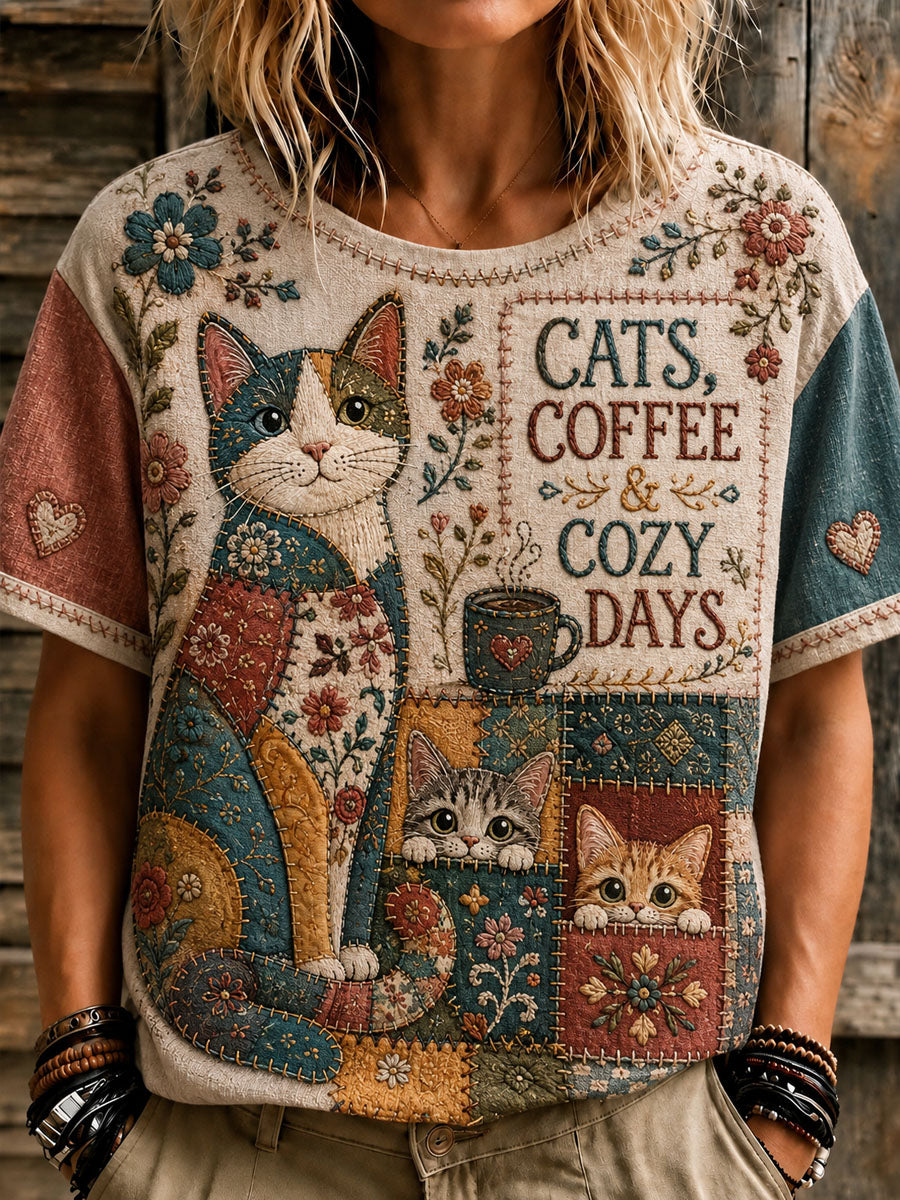Katzen-Patchwork-bedrucktes Casual-T-Shirt für Frauen