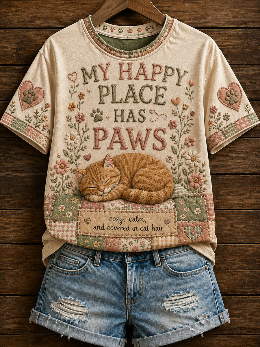 Damen-Cat-Patchwork-Print-Lässiges T-Shirt