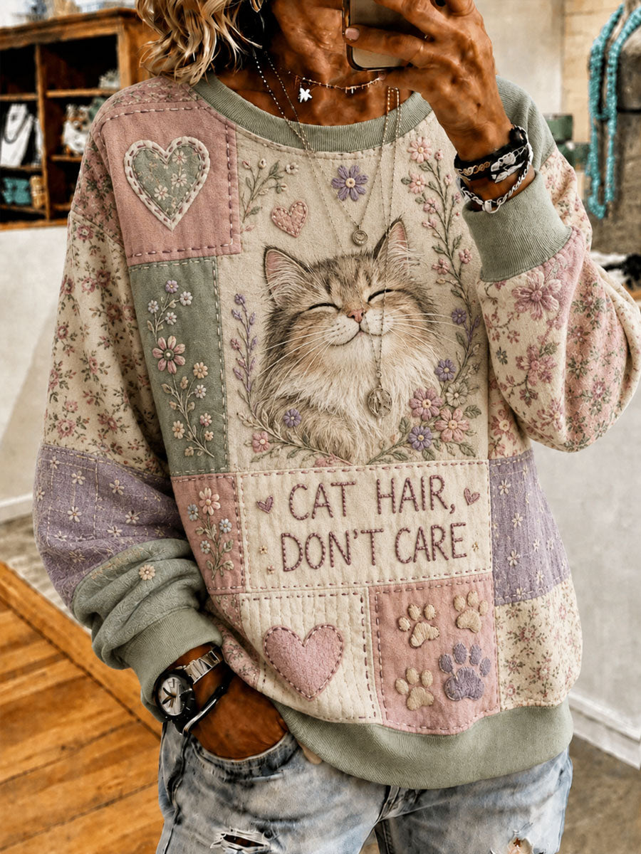 Damen Patchwork Cat Print Casual Sweatshirt
