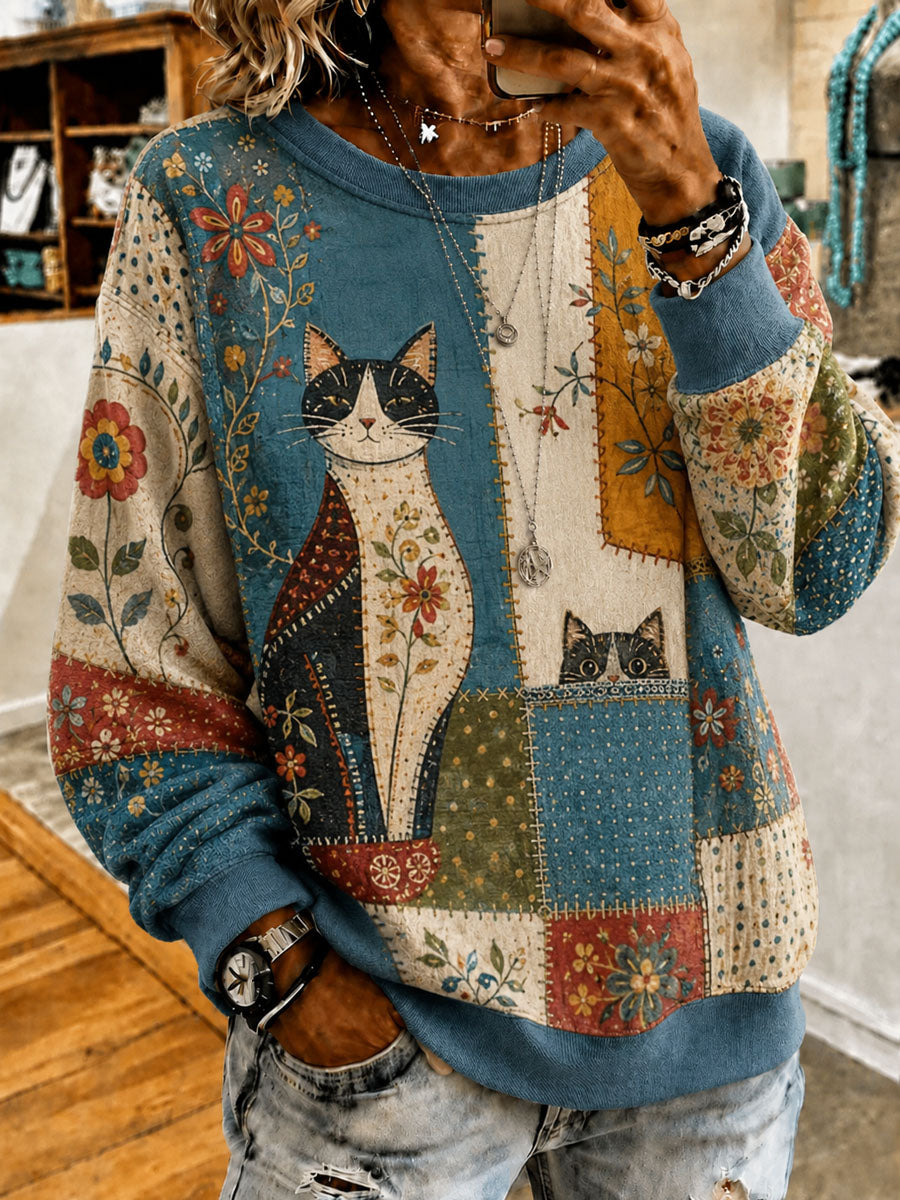 Damen-Patchwork-Sweatshirt mit Katzenmuster, lässig