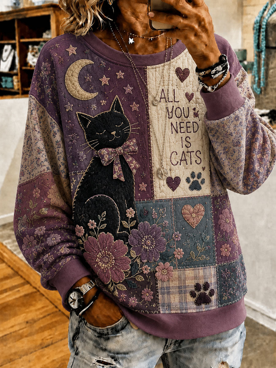 Damen-Patchwork-Sweatshirt mit Katzenmuster, lässig