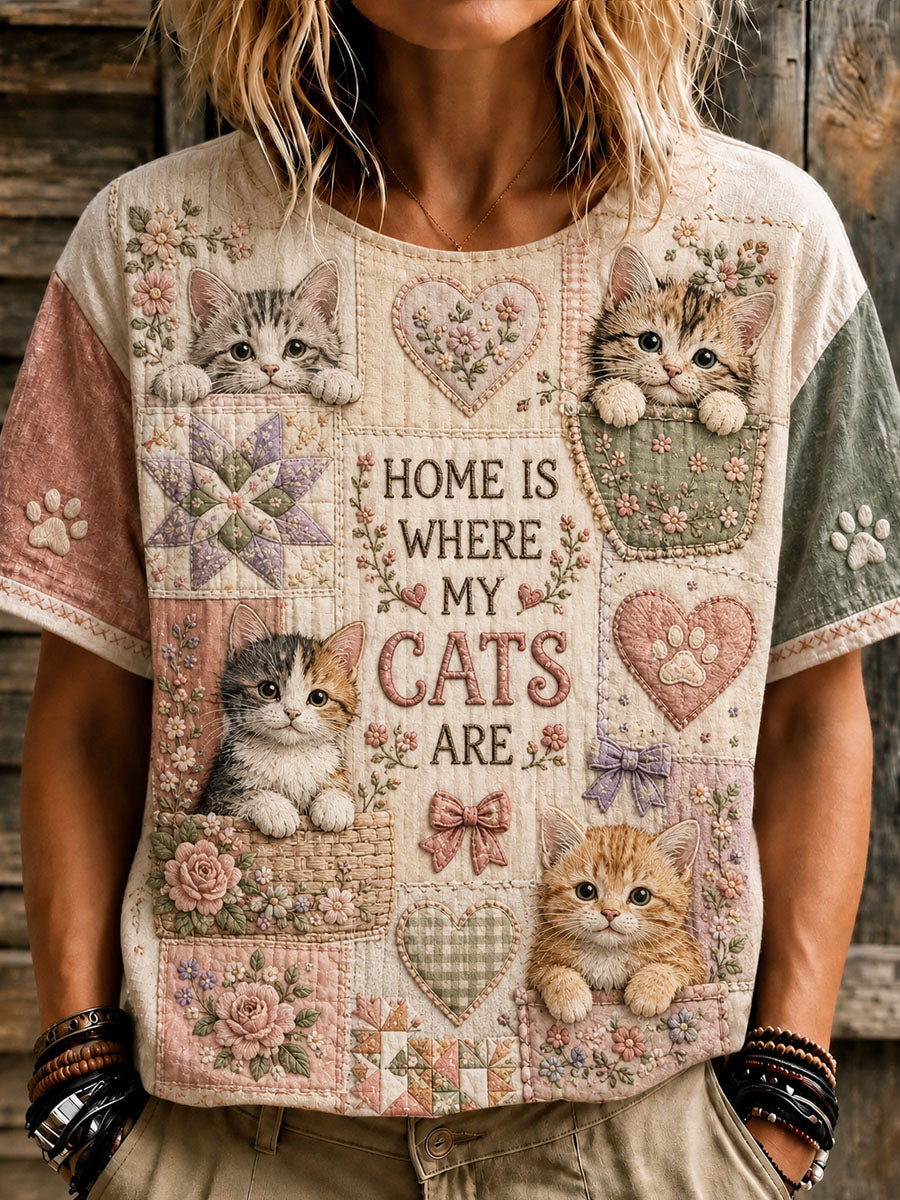 Damen-Cat-Patchwork-Print-Lässiges T-Shirt