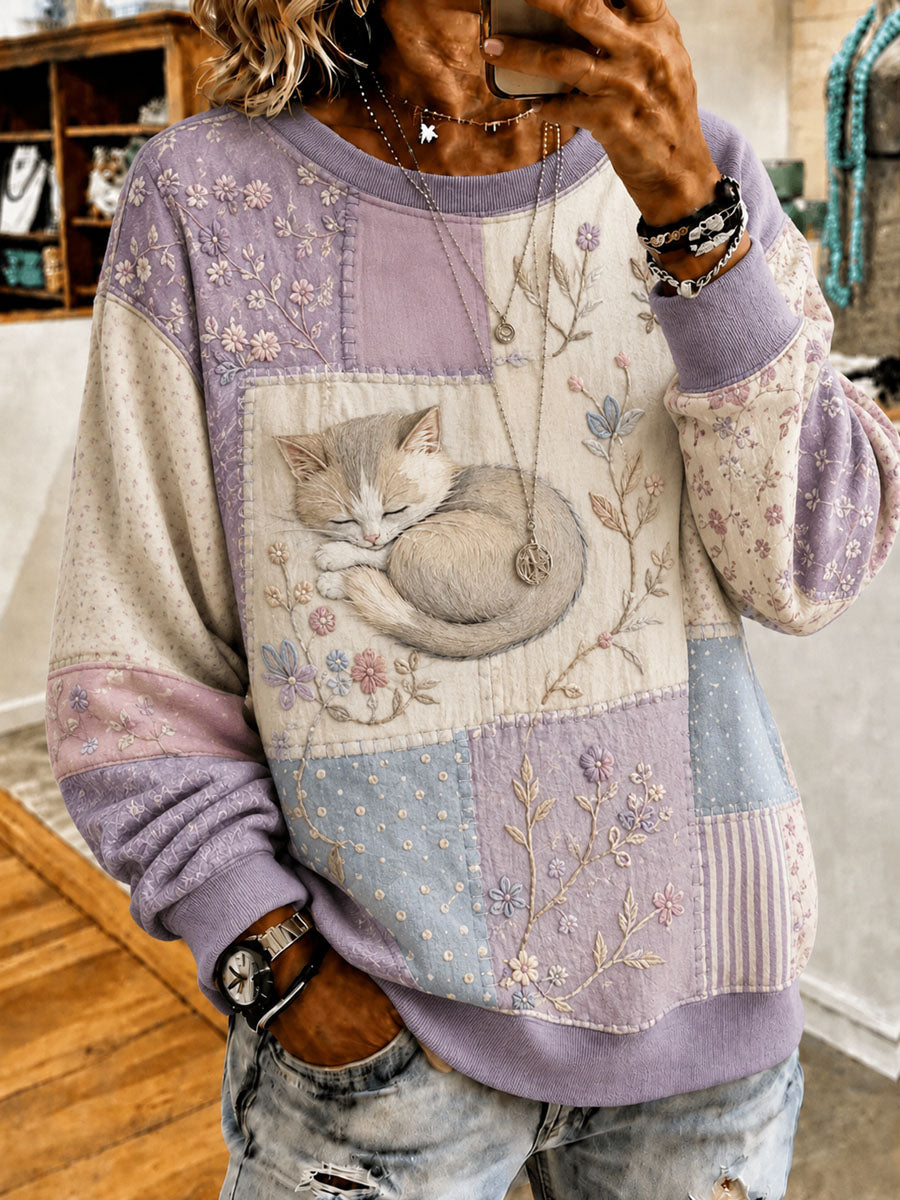 Damen-Patchwork-Sweatshirt mit Katzenmuster, lässig