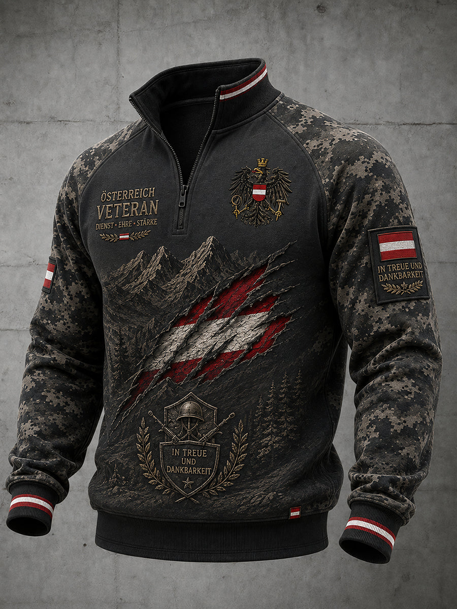 Herren-Top im Militärstil mit Camouflage-Print, Raglanärmeln und durchgehendem Reißverschluss