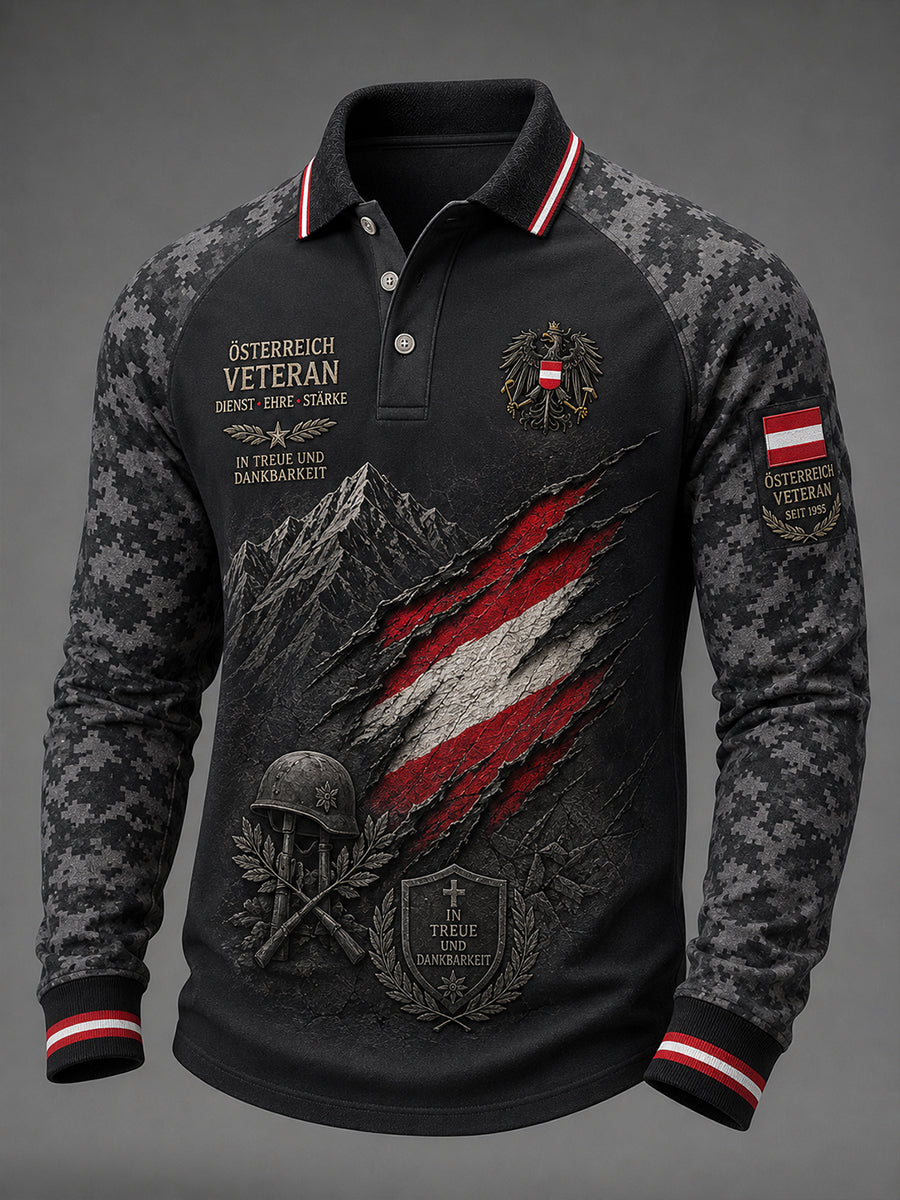 Herren-Poloshirt mit langen Ärmeln und Camouflage-Print im Veteranenstil