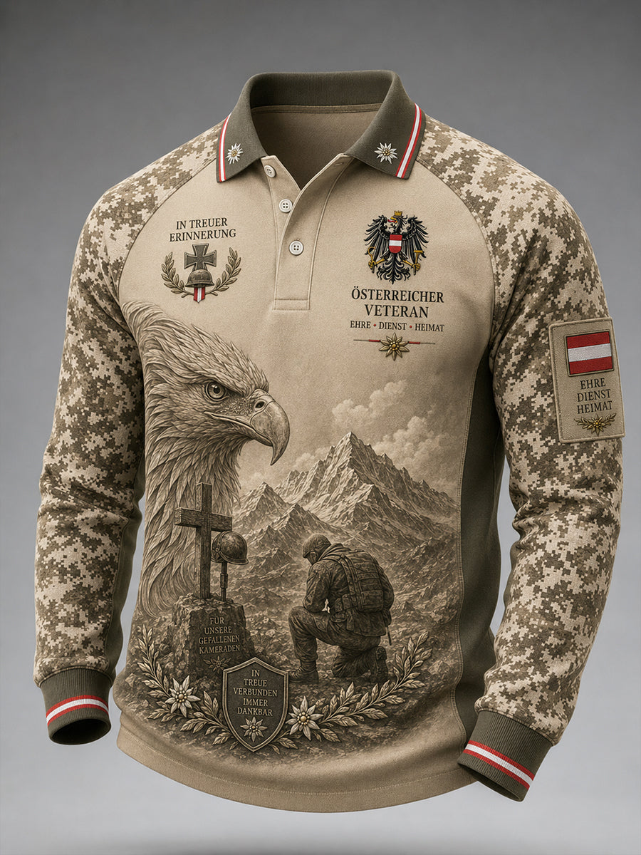 Herren-Poloshirt mit langen Ärmeln und Camouflage-Print im Veteranenstil