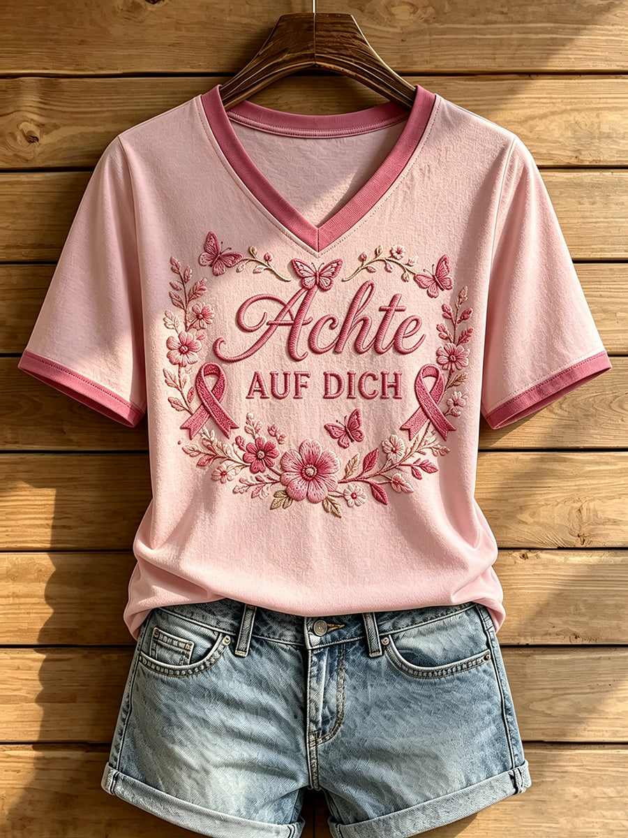 Frauen Brustkrebs Awarenss Print T-Shirt mit V-Ausschnitt