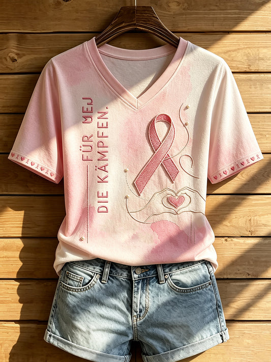 Damen-T-Shirt mit V-Ausschnitt und Aufdruck zur Brustkrebsaufklärung