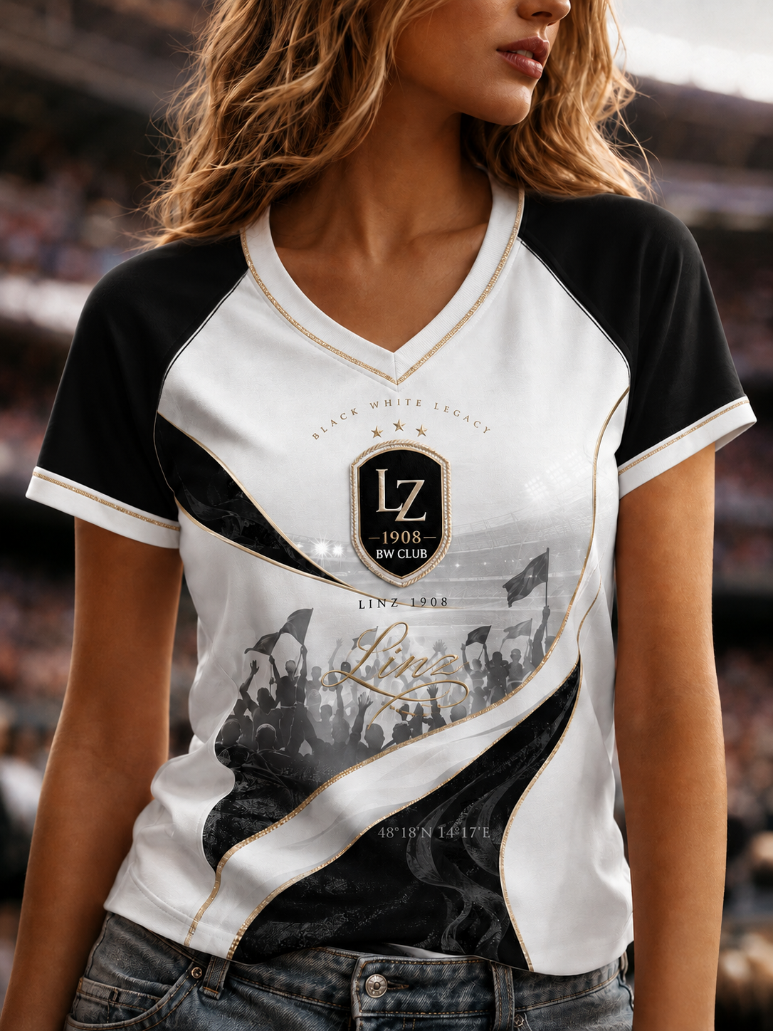 Damen-LASK Linz V-Ausschnitt Schulterfreies Kurzarm-T-Shirt