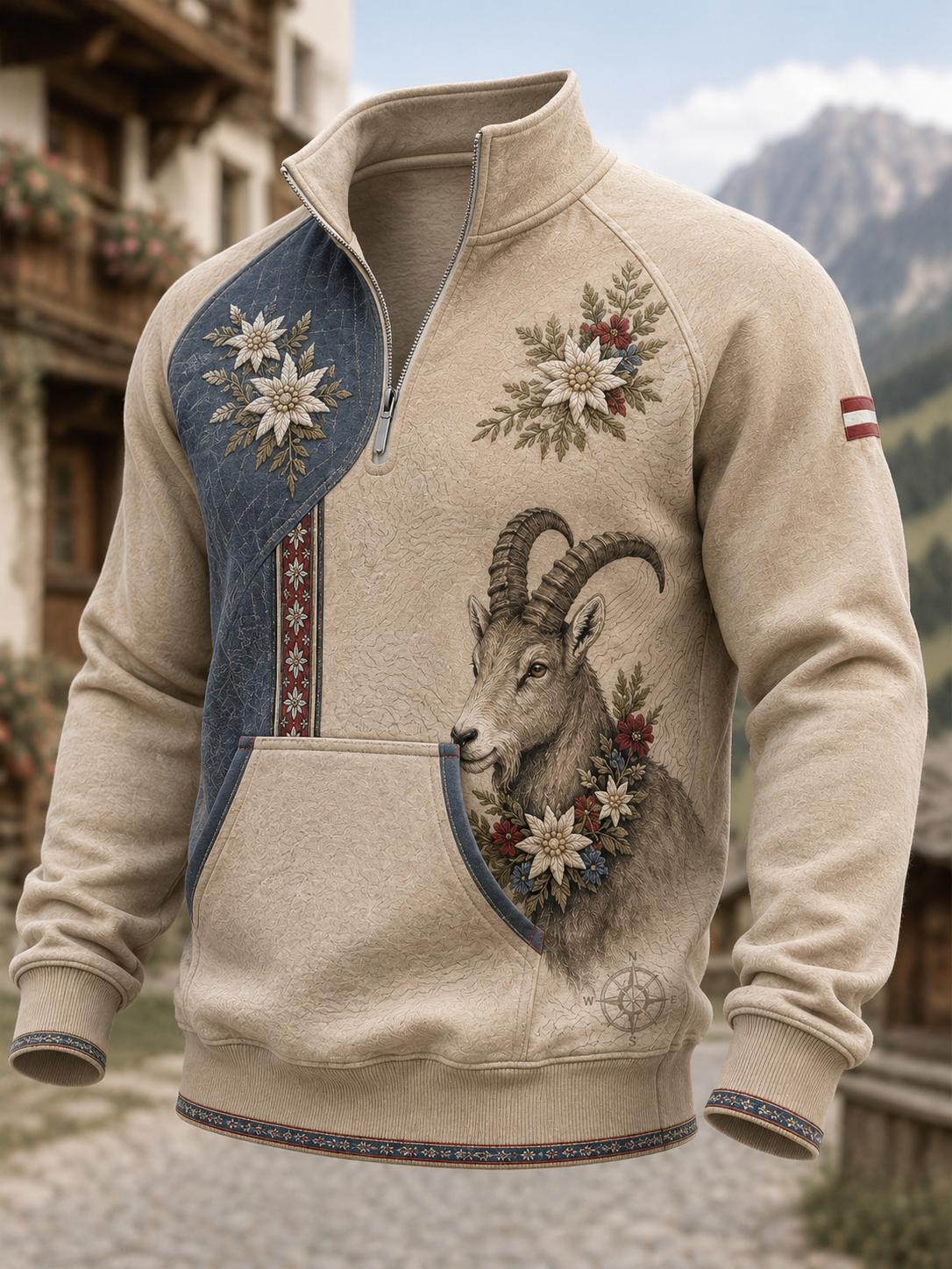 Herren-Sweatshirt im österreichischen Landhausstil mit halber Zipperleiste und Stehkragen