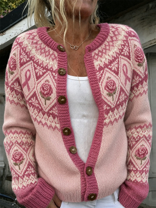 Damen-Strickjacke im Cardigan-Stil mit pinkfarbenem Blumenmuster und rosa Spendenschleifenmotiv