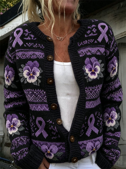 Frauen Vintage lila Band & Pansy Blumen Isle Muster Print Strickjacke