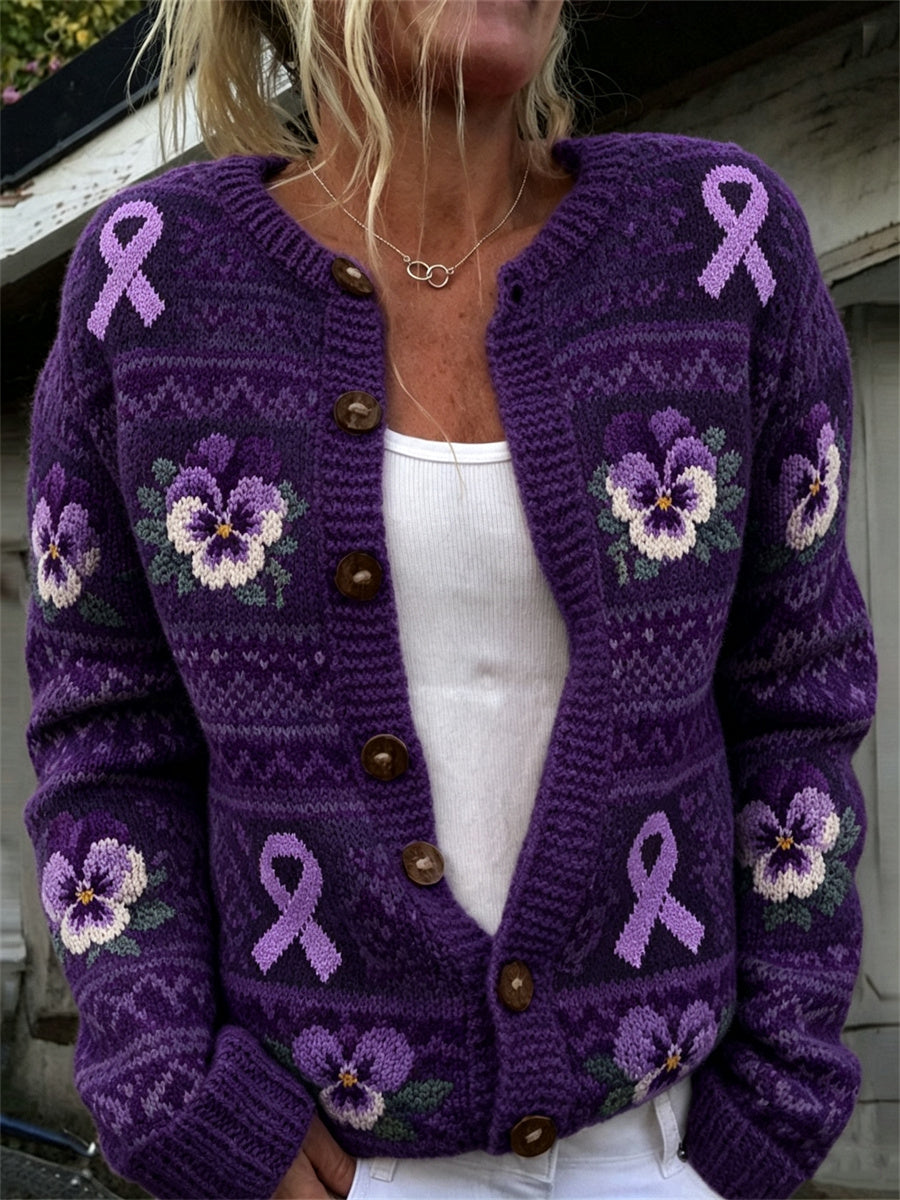Frauen Vintage lila Band & Pansy Blumen Isle Muster Print Strickjacke