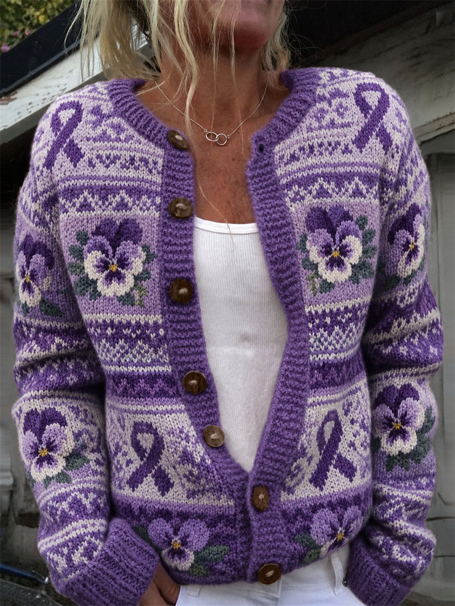 Frauen Vintage lila Band & Pansy Blumen Isle Muster Print Strickjacke
