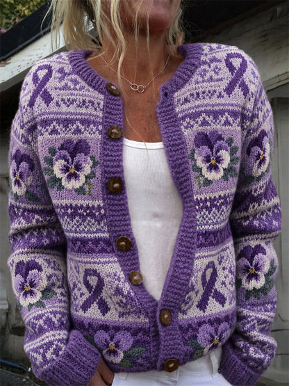 Frauen Vintage lila Band & Pansy Blumen Isle Muster Print Strickjacke