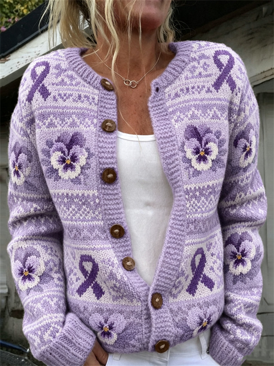 Frauen Vintage lila Band & Pansy Blumen Isle Muster Print Strickjacke