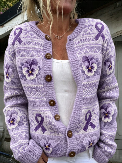 Frauen Vintage lila Band & Pansy Blumen Isle Muster Print Strickjacke