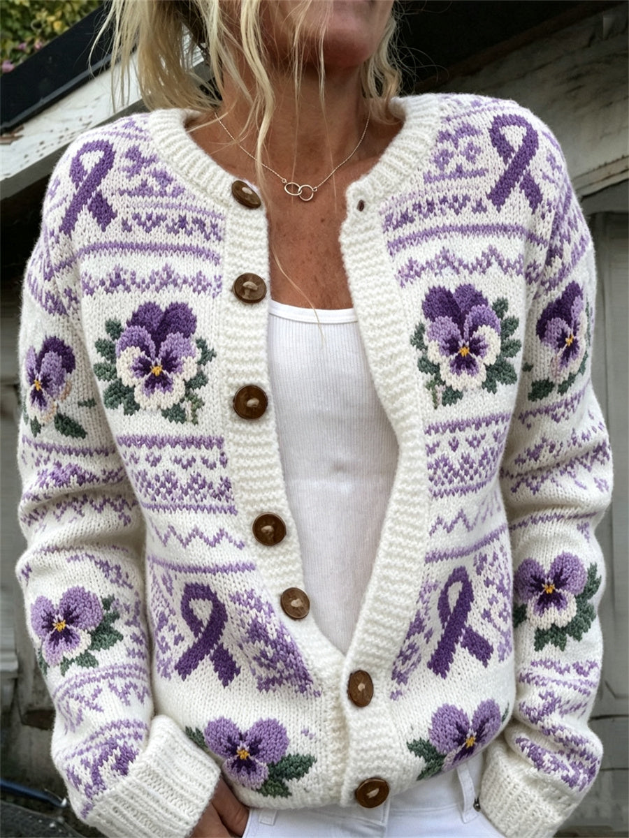 Frauen Vintage lila Band & Pansy Blumen Isle Muster Print Strickjacke
