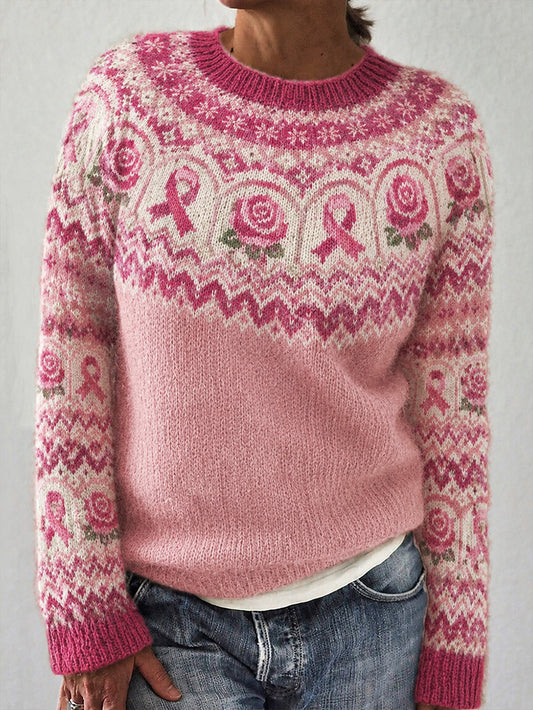 Damenpullover mit pinkfarbenem Blumen- und rosa Spendenschleifenmuster, lässig, langärmlig
