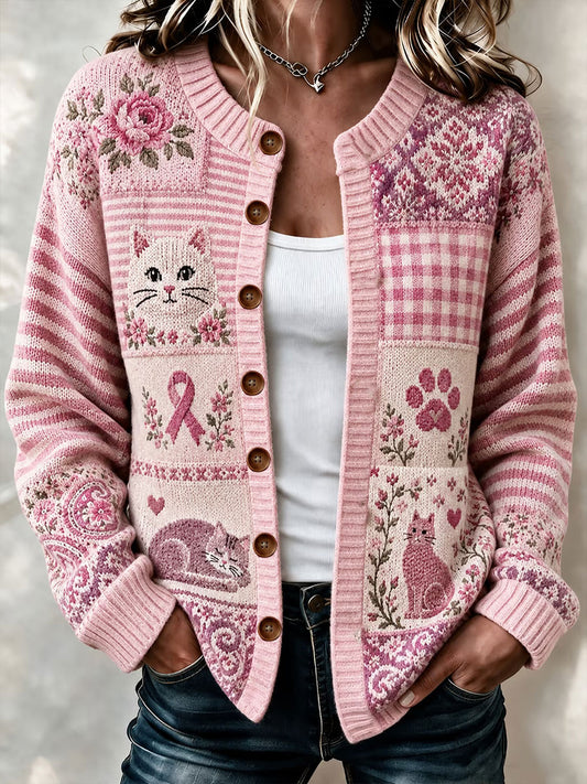 Damen-Strickjacke mit rosa Katzenmuster