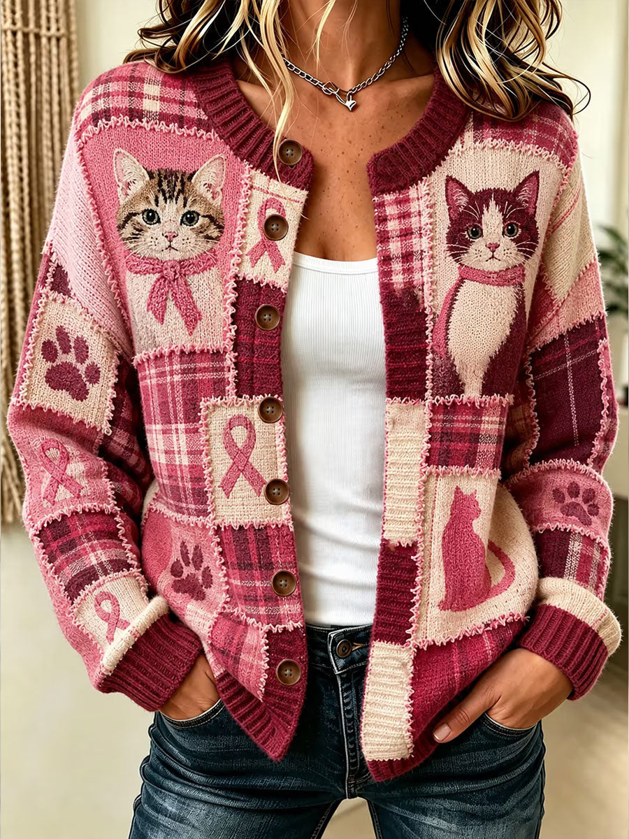Damen-Strickjacke mit rosa Katzenmuster