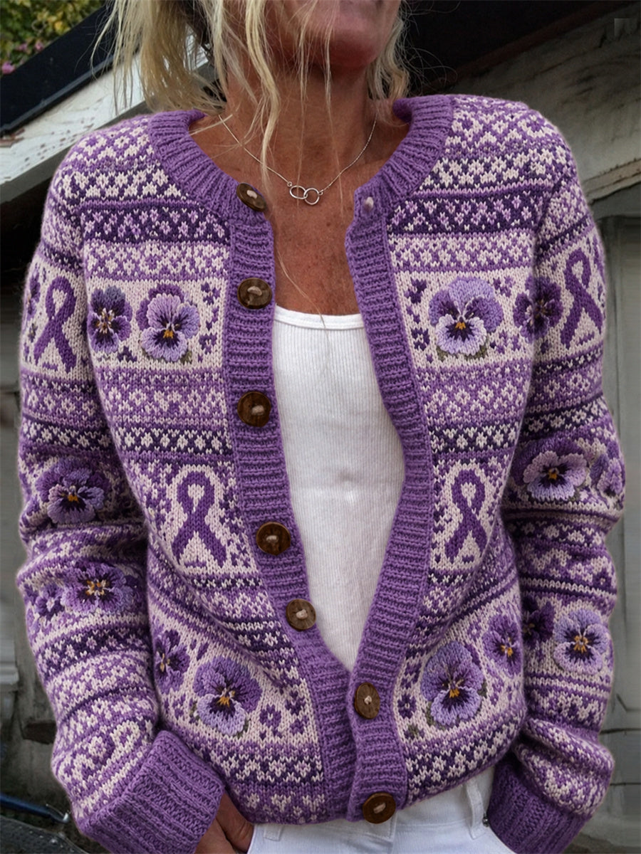 Damen-Strickjacke im Vintage-Stil mit violettem Streifen- und Stiefmännchenblumen-Muster
