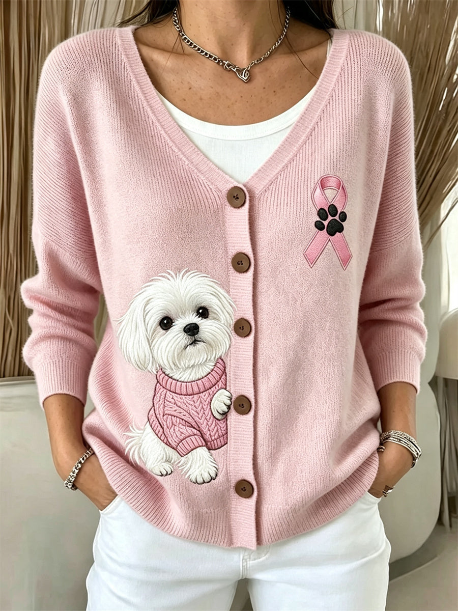 Frauen Peeking Malteser Hund Rosa Band Brustkrebs Bewusstsein Gemütliche Strickjacke