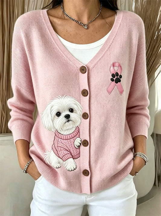 Frauen Peeking Malteser Hund Rosa Band Brustkrebs Bewusstsein Gemütliche Strickjacke