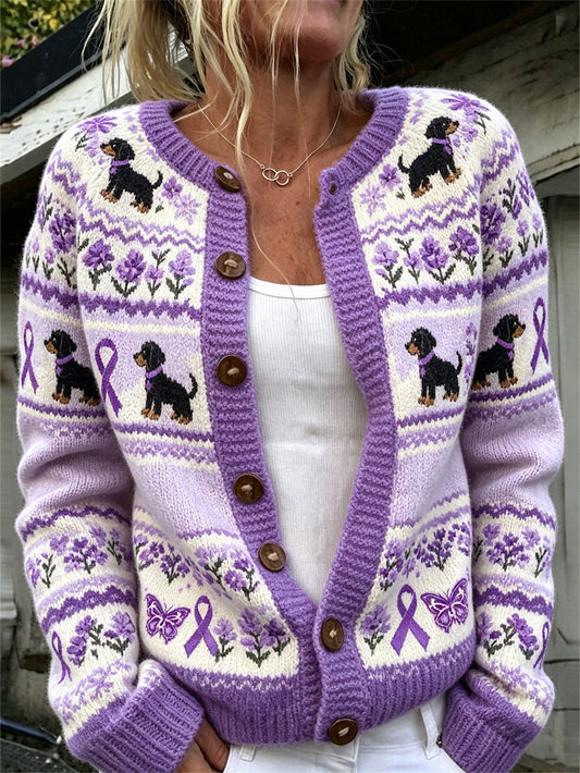 Damen niedlicher Hund mit lila Charity-Strickjacke mit Band muster gedruckt