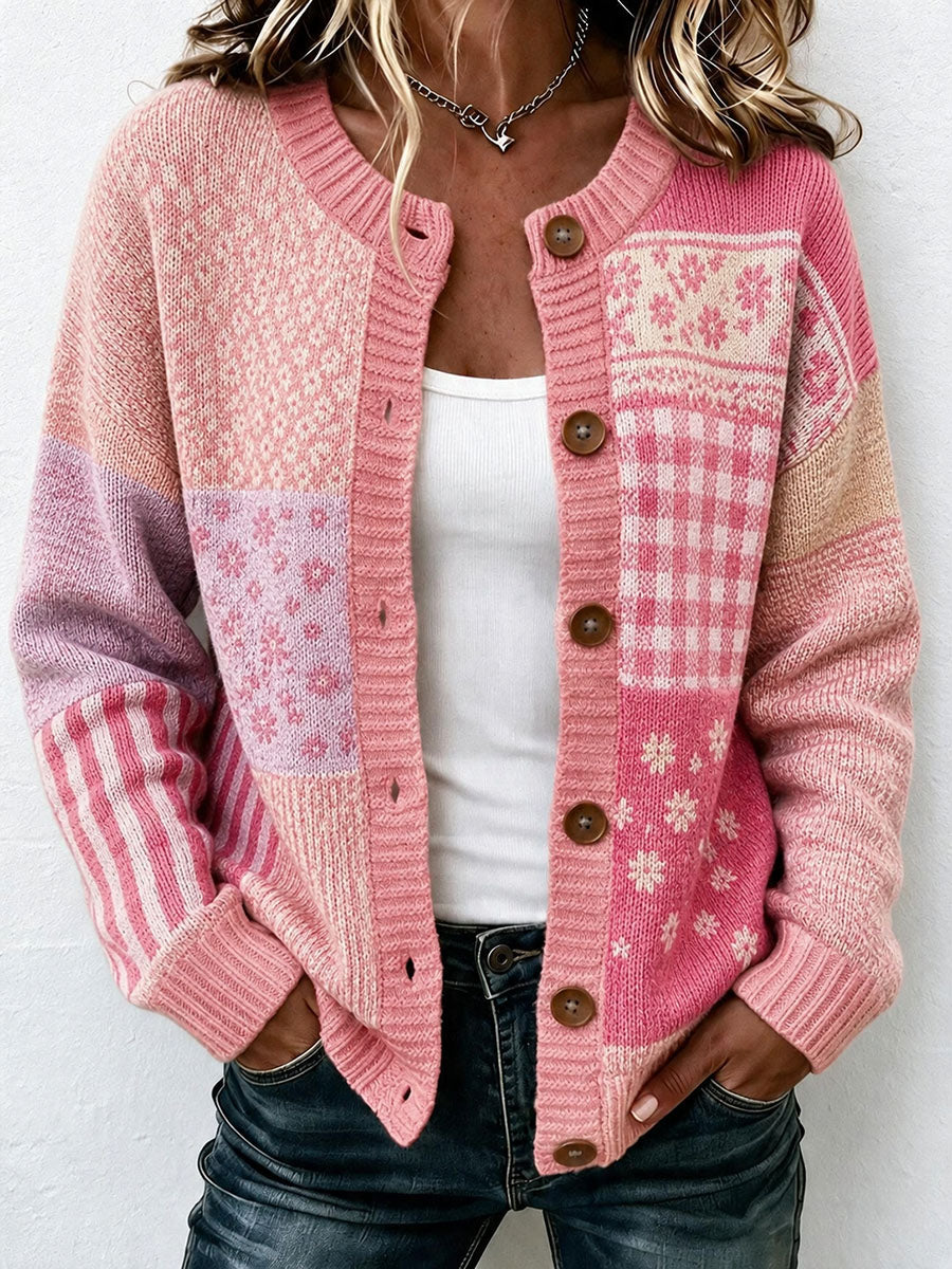 Damen-Strickcardigan mit klassischem Blumenmuster