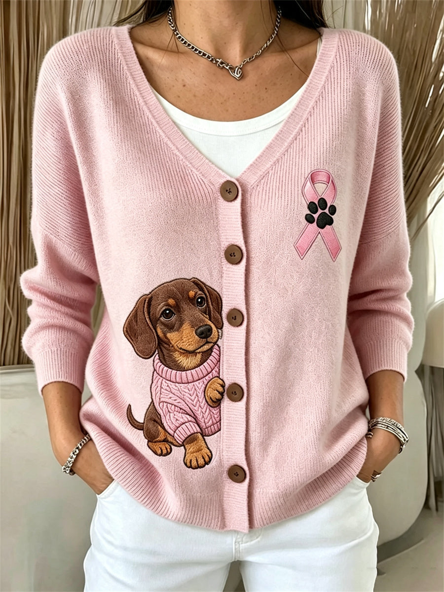 Frauen Peeking Dackel Hund Rosa Band Brustkrebs Bewusstsein Gemütliche Strickjacke