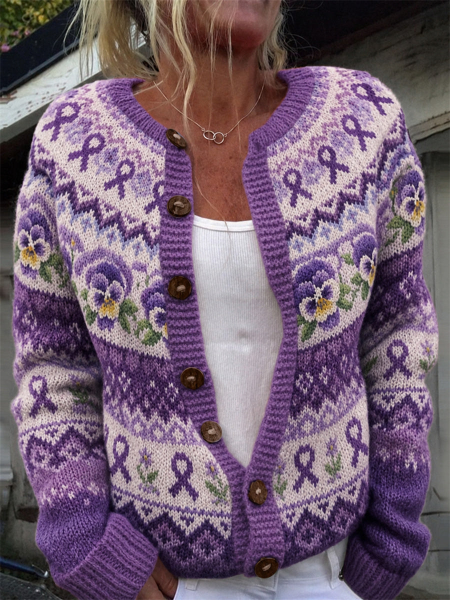 Damen-Strickjacke im Vintage-Stil mit violettem Streifen- und Stiefmännchenblumen-Muster