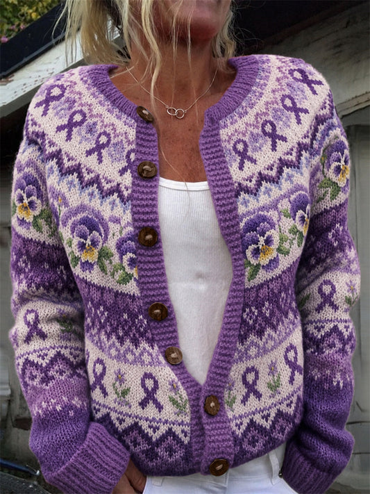 Damen-Strickjacke im Vintage-Stil mit violettem Streifen- und Stiefmännchenblumen-Muster