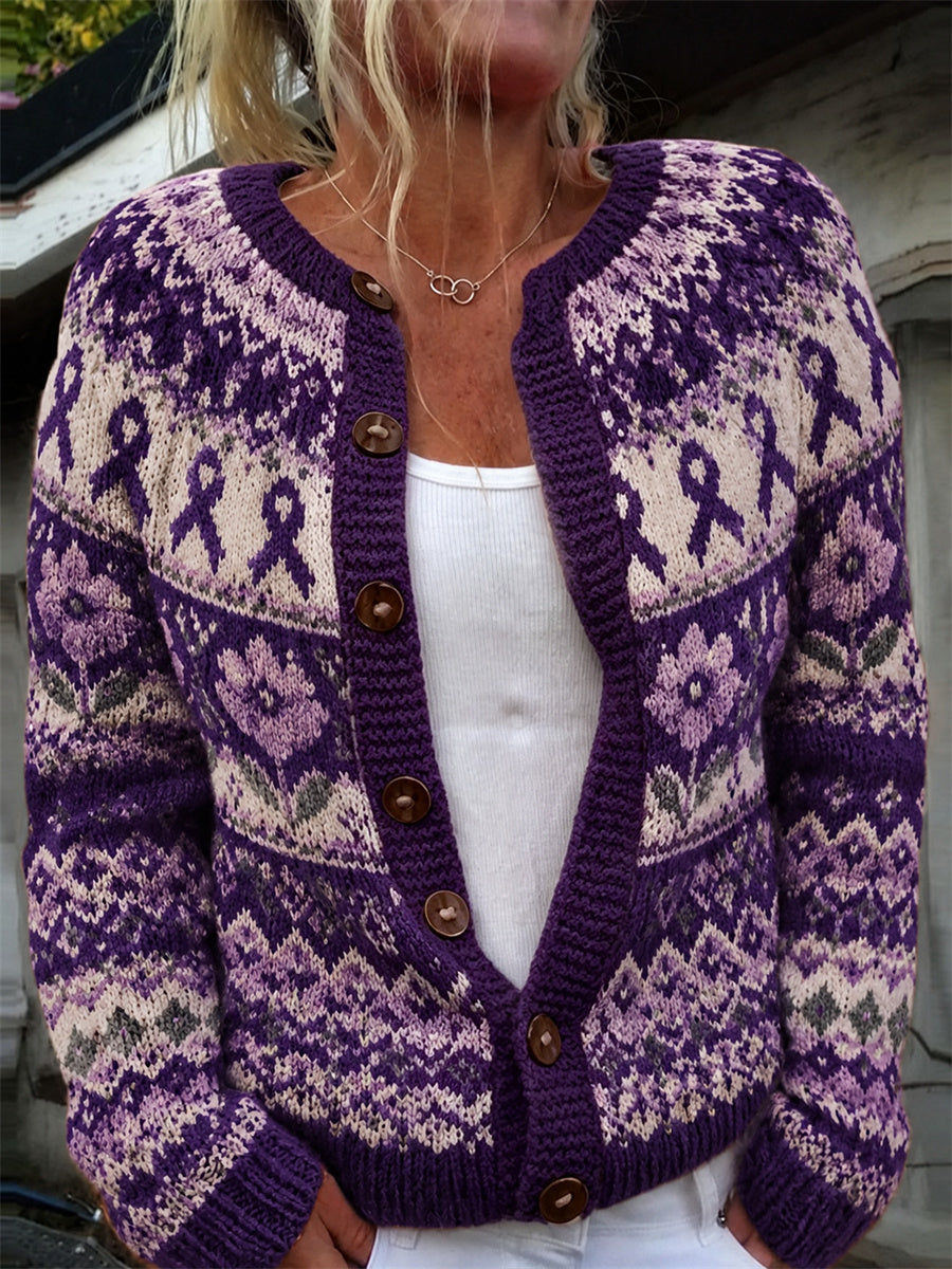Frauen Vintage lila Band & Blumen Isle Muster Print Strickjacke
