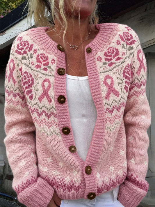 Frauen Vintage rosa Rosen Brustkrebs band Isle Muster Print Strickjacke