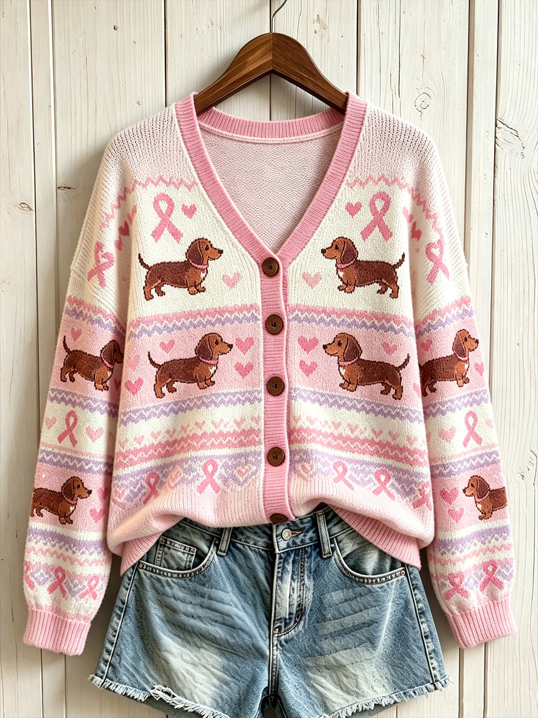 Damen niedlicher Hund und rosa Charity-Strickjacke mit Band muster gedruckt